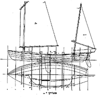 This drawing shows the simple construction with 6 plywood frames and lapstrake planks over stringers . There is enough built in buoyancy to keep her afloat should the unthinkable happen, and the decked in ends will keep her dry even in quite rough conditions.